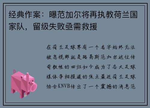 经典作案：曝范加尔将再执教荷兰国家队，留级失败亟需救援